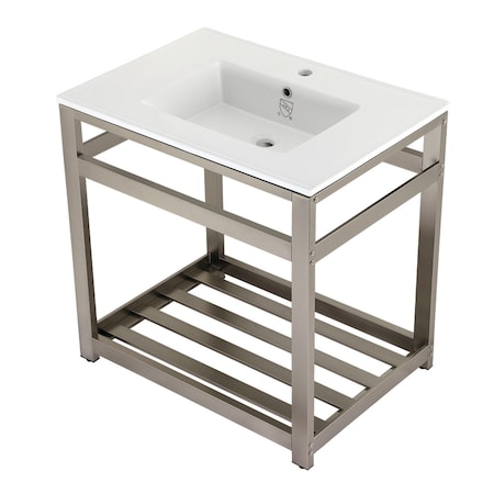Kingston Brass VWP3122A8 31" Ceramic Console Sink (1-Hole), White/Brushed Nickel VWP3122A8